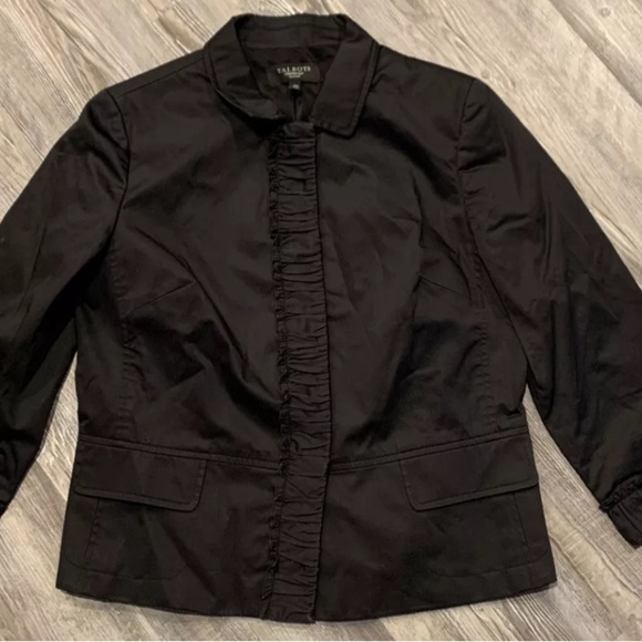 Talbots Women’s Black Cotton Blend Ruched Trim Raffled Lined Pockets Jacket 14 - Picture 2 of 5